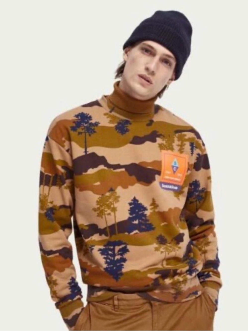 Scotch & Soda Tan and Brown Camo Nature-Print Turtleneck Sweater